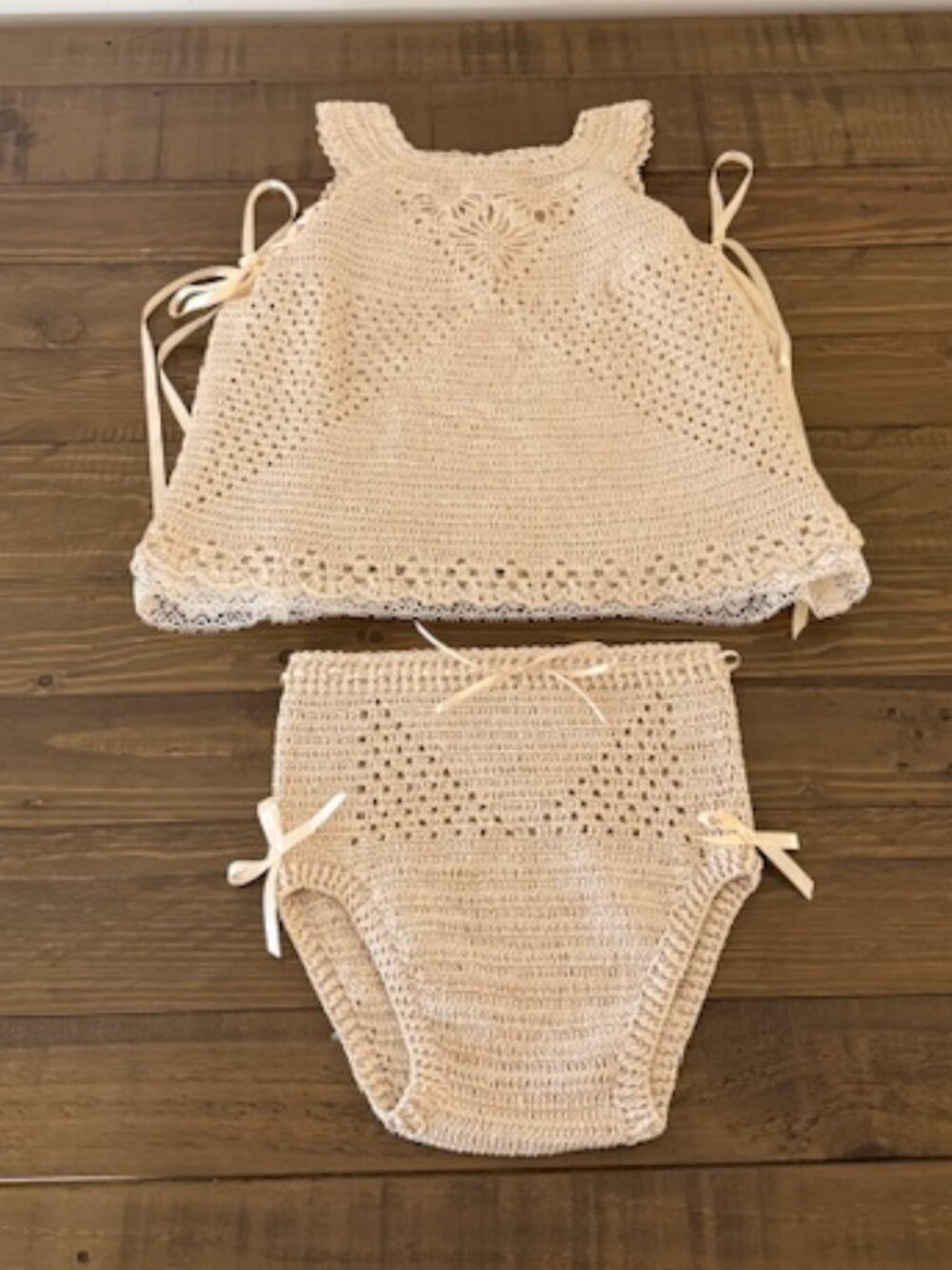 Crochet Baby Dress & Bloomers Set Ivory Lace Knit Boho Vintage Style - Picture 1 of 8